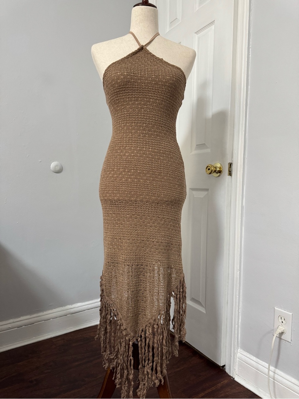 SHEIN Brown Crochet Halter Fringe Midi Dress Size M NWT